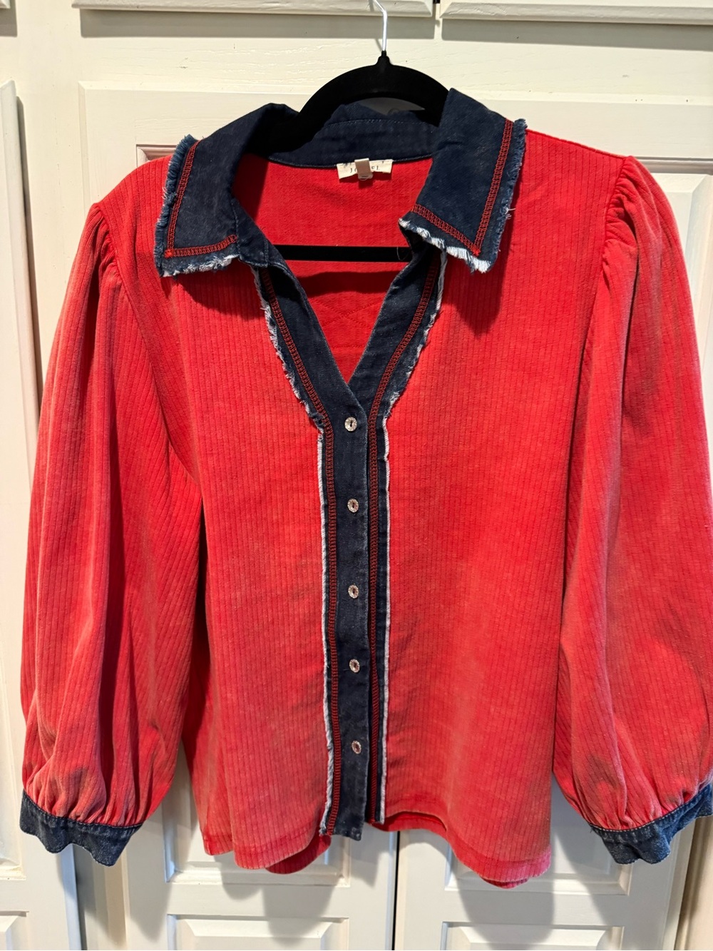 JODIFL Red  Button-Down Top with Navy Trim